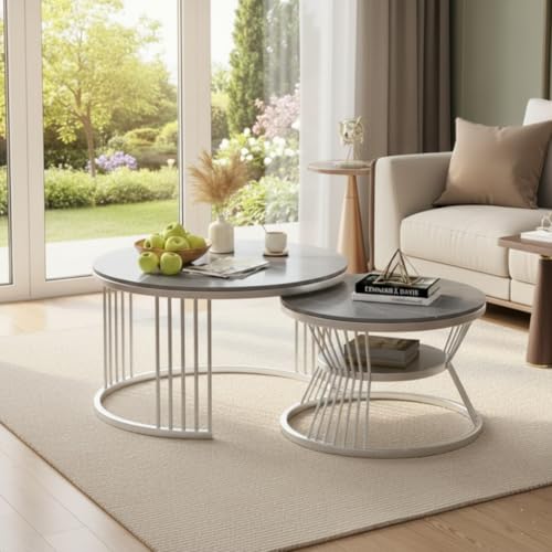 Image of Modern Round Nesting Coffee Table Set of 2 with Marble Finish Top & Metal Frame | Space Saving Nesting Center Table for Living Room, Bedroom, Office Lounge | Contemporary Circular Coffee Table Set