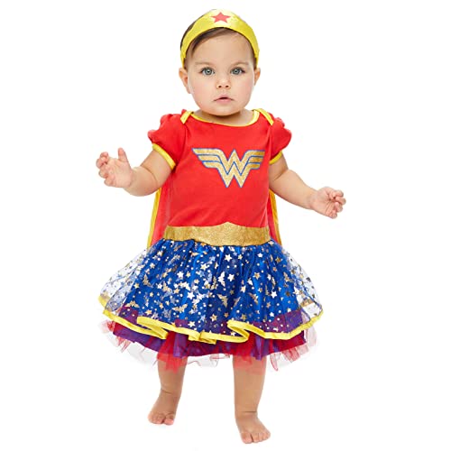 DC Comics Justice League Wonder Woman Baby Girls Cosplay Costume Bodysuit Cape and Headband Newborn to Infant