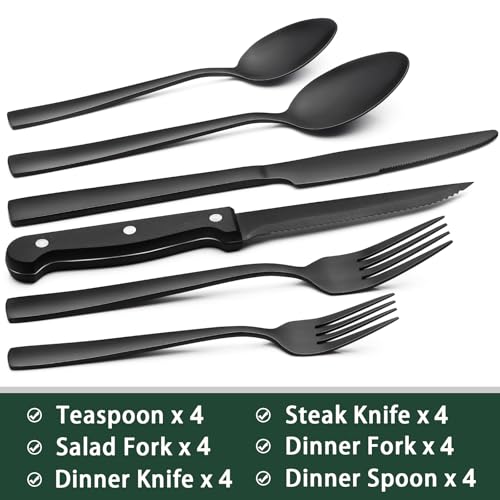 Image of EWFEN 24-Piece Black Silverware Set with Steak Knives, Black Flatware Set for 4, Food-Grade Stainless Steel Tableware Cutlery Set, Mirror Finished Utensil Sets for Home Restaurant, Square Edge