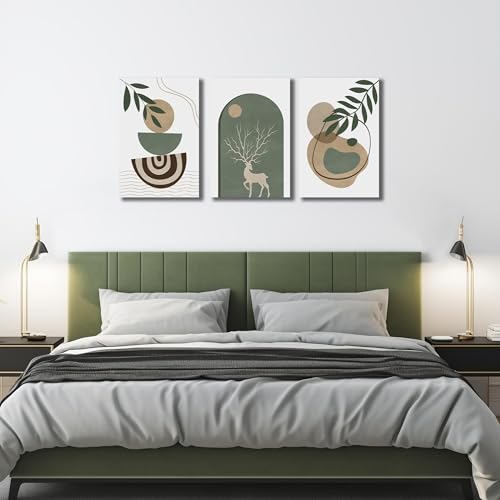 Image of Boho Sun Canvas Wall Art Set of 3, Neutral Abstract Minimalismt Bohemian Geometric & Botanical Plants Pictures Prints Artwork Paintings Wall Decor for Bedroom Living Room Home Decoration 16x24 inches