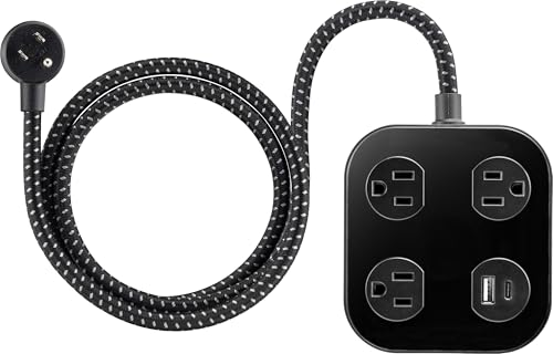 GE UltraPro 3-Outlet Surge Protector with USB, 245 Joules, 1 USB-A & 1 USB-C Port, 4ft Braided Extension Cord, Flat Plug, Adapter-Spaced Outlets, ETL Certified, Black, 85876