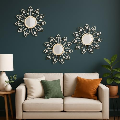 Image of Metal Sunflower Mirror Wall Decor with Crystals Decorative Mirror Wall Mounted | Mirror Wall Decor for Living Room Beautiful Modern Designer | Hanging Mirror Sculpture Set of 3 (Crystal White)