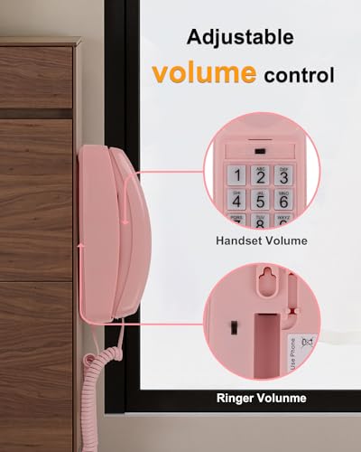Image of Corded Wall Phone, Landline Phones for Seniors with Large Buttons, Office Desk Phone with Adjustable Loud Volume & Lighted Keypad, Durable Basic Design for Home, Pink