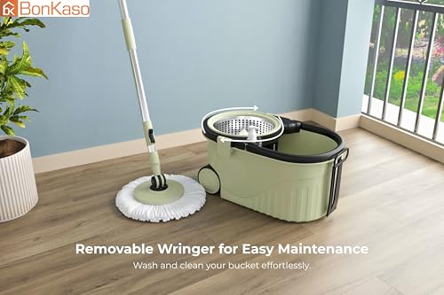 Image of Bonkaso Spin Mop with Stainless Steel Wringer & Big Wheels | 360 Rotating Mop, Adjustable Handle | Easy Floor Cleaning Bucket Set with 2 Microfiber Refills - Mint Green & Black (46 x 26.5 x 23 cm)
