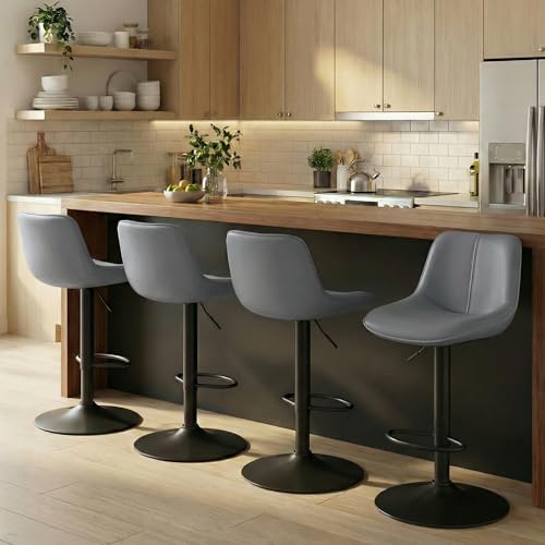 VASAGLE Bar Stools Set of 4, Adjustable Height Swivel Barstools with Ergonomic Backrest, Synthetic Leather, Larger Metal Base, Modern Tall Bar Chairs for Kitchen Island, Slate Gray