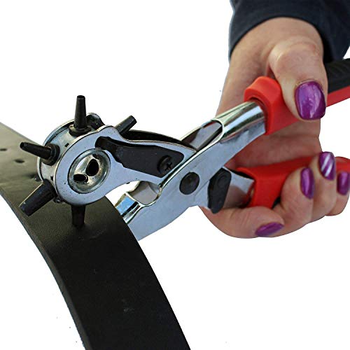 Image of Punch Hole Pliers: Metal Hand Tool with Revolving Heavy-Duty Puncher for Leather Craft, Belts, Watch Bands, Bags, Dog Collars and Fabric (Revolving Punch)
