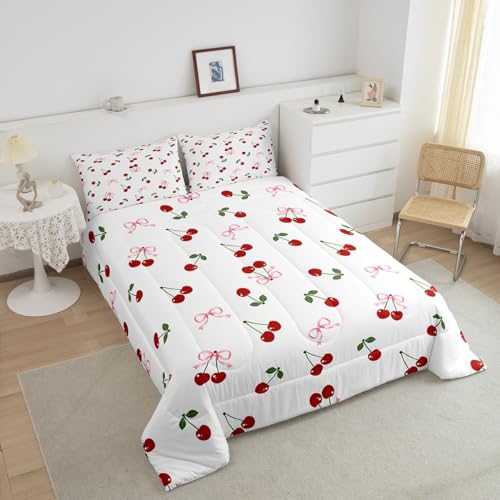 Image of Feelyou Cute Bows Cherry Bedding Set Queen Size Kids Watercolor Bow Comforter Set for Boys Girls Teens Summer Fruit Duvet Quilt Breathable Soft Lightweight Microfiber Bowknot Room Decor