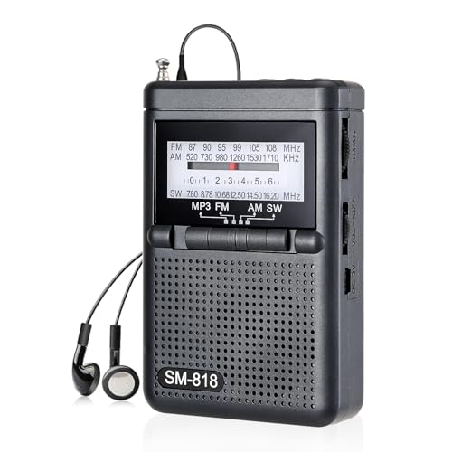 SEMIER Personal AM FM SW Pocket Radio Portable, Small Shortwave Transistor Radio with Best Reception, Support TF Card USB, 1200 mAh Rechargeable Battery and Stereo Earphone Jack for Jogging, Walking