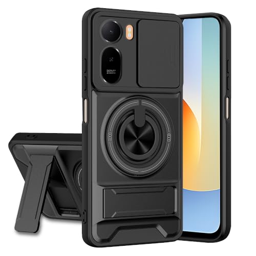 Image of Redmi A7 Pro 5G Back Cover | Armor Camera Slider 360 Degree Rotating Finger Ring Holder Case with Bracket Stand Back Case Cover (Compatible with MagSafe Accessories) (Black)