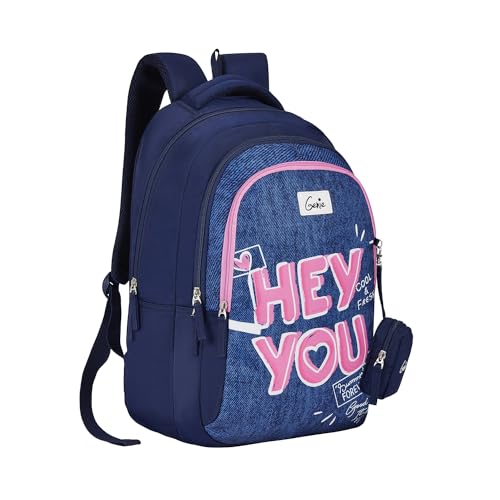 Image of Genie You Backpack for Women, 19 inch Bags for Girls, Water Resistant and Lightweight, 3 Compartment Bag with Happy Pouch, 36 Liters, Nylon Twill, Navy Blue