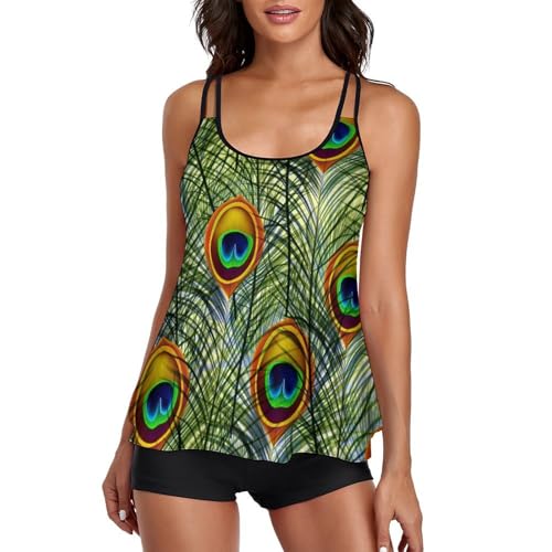Maillot de bain tankini plume de paon avec shorty gainant femme