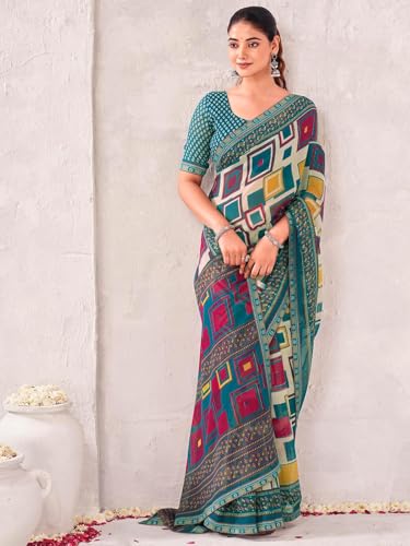 Image of SIRIL Women's Georgette Printed Saree with Unstitched Blouse Piece