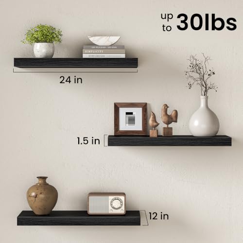 Image of Fun Memories 24 Inch Floating Shelves for Wall, 12 inch Deep Extra Thick Wood Shelves with Invisible Bracket, Large Wall Mounted Storage Shelf for Living Room Bedroom Kitchen, Black, Set of 3