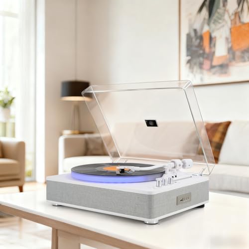Image of LP&No.1 Record Player with Built-in 4 Stereo Speakers, Acrylic Turntable with LED Lighting, 2-Speed All-in-One Palyer with USB Playback & Recording, BT Input /Output, AT-3600L Cartridge, Pitch Control