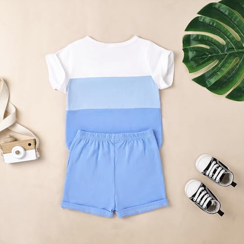 Image of Toddler Boy Clothes Baby Summer Outfit Patchwork Tee Shorts 12M-4T | Soft Patchwork Tee, Pocket Shorts With Stretch Waistband, Breathable For Summer Play, Machine Washable