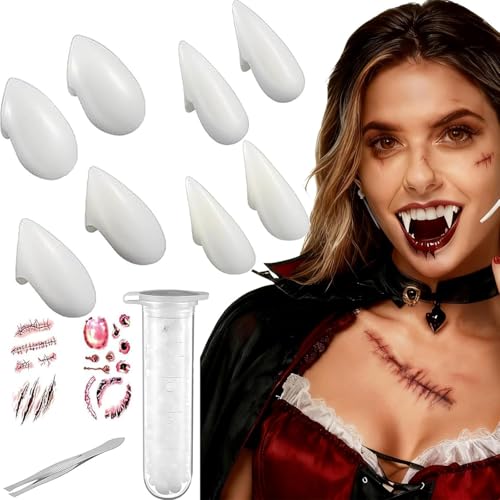 Dentes de vampiro de Halloween, dentes de vampiro 4 unidades kit, 4 tamanhos, com 1 tubo de pellets de dentes adesivos e 2 folhas de tatuagem Halloween, para Cosplay Party Props Halloween Vampire