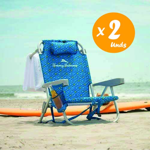 TECNOVOZ Pack 2 Sillas Playa Plegable Asas Tipo Mochila Tommy Bahamas 2000998 Azul/Mosaico 