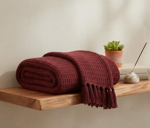 Image of Furnistitchs Bohemian Cotton Sofa Throw Blanket 50x60 inches | Waffle Knit & Chevron Pattern with Fringes | Aesthetic Decorative Couch Throw for Living Room & Bedroom (Cranberry)