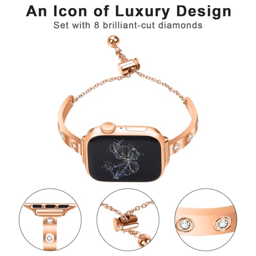 Stainless Steel Band Compatible with Apple Watch 38mm 40mm 41mm 42mm 44mm 45mm 46mm 49mm Pretty Luxury Strap with Sparkle Diamond, Dressy iWatch Bracelet, Bling Thin Band for Women