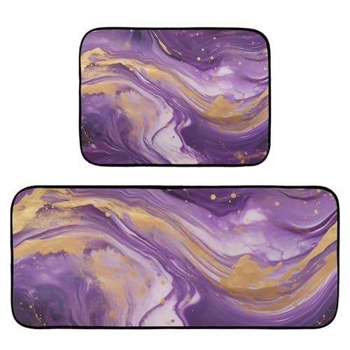 xigua 2 Piece Purple Marble Abstract Pattern Anti-Fatigue Kitchen Rug, Waterproof Non-Slip Kitchen Mats and Comfort Elastic Cotton interlayer Rug for Kitchen, Floor Home, Office, Sink, Laundry
