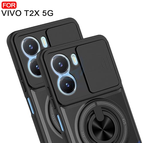 Image of AESTMO Vivo T2X / Y16 / Y56 Back Cover | Armor Camera Slider 360 Degree Rotating Finger Ring Holder Case with Bracket Stand Back Case Cover (Compatible with MagSafe Accessories) (Black)