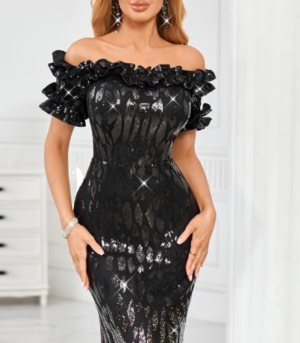 Image of dasmzper Women Sexy Sequin Off Shoulder Ruffle Short Sleeve Bodycon Mermaid Party Formal Evening Maxi Dress