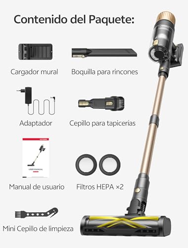 Ultenic Aspiradora Escoba sin Cable 50Kpa 65Min, Aspirador Vertical Autoportante con Luz LED, 6 Filtros HEPA, Anti-Enredos, para Pelo de Mascotas, Suelo Duro y Alfombras