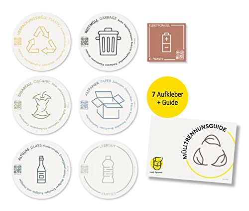 Frank Paperman® 7x runde Mülltrennung Aufkleber (Ø 9,5 cm) – nachhaltig, selbstklebend, zweisprachig DE/EN, mit QR-Code Recycling-Guide