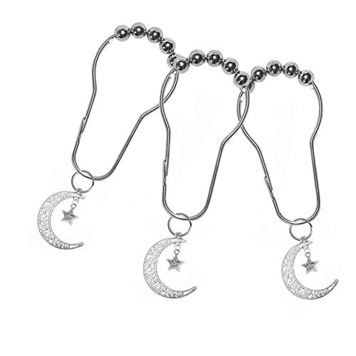 Moon Shower Curtain Hooks Rings Hollow Filigree Moon Star Decorative Pendants Hooks Accessories Polished Chrome Home Bathroom Stainless Steel Rustproof Shower Curtain Rings Decor Accessories-Silver #TOP6
