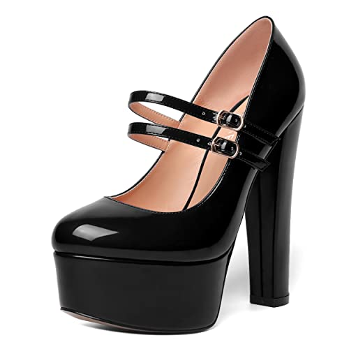 MOVINSTEPS Womens Night Club Round Toe Dress Patent Platform Dual Straps Buckle Mary Jane Block High Heel Pumps Shoes 6 Inch
