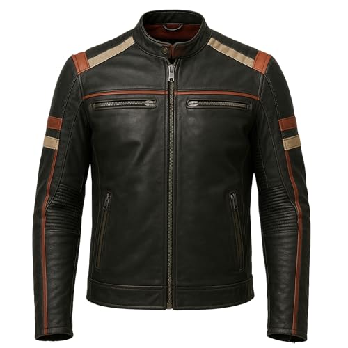Men’s Black Café Racer Leather Jacket – Vintage Style Quilted Shoulders & Striped Sleeves Biker Motorcycle Outerwear