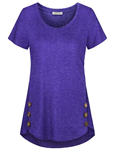 SeSe Code Ladies Tunic,Flowy Tops for Women Misses Casual Summer Button Decoration Outfit Ruffle Short Sleeve Blouses Pleats Behemian Boho Beach Clothes Fashionable Peasant Tee Shirts Grape Large