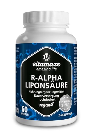 R-Alpha-Liponsäure hochdosiert, 200 mg je Kapsel, vegan, 2 Monatskur, natürliche Form der Thioctsäure, Qualitätsprodukt, Bioaktive Nahrungsergänzung ohne unnötige Zusätze, Made in Germany