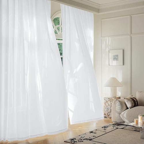 Image of FMFUNCTEX White Sheer Curtains, 54 Inch, Rod Pocket, 2 Panels for Bedroom | White Semi Sheer Airy Drapes for Living Room, Faux Silk, Light Filtering for Privacy Without Blocking Natural Light
