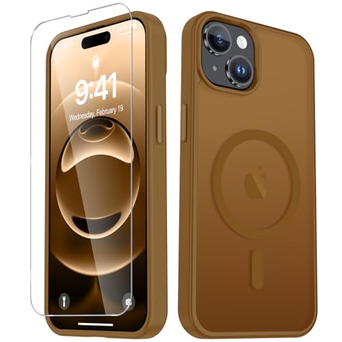 Image of YENAPOON for iPhone 15 Plus Case, iPhone 14 Plus Case, Matte Magnetic Phone Cover with 1 Screen Protector [Support for MagSafe] [Shockproof Military Grade Protection] Translucent Frosted Back, Brown