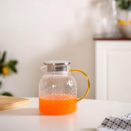 Image of Nestasia Transparent Glass Jug with Steel Lid (1100 ml) - Dishwasher & Microwave Safe Carafe with Dual Opening Strainer Lid - Oval Textured Glass Pitcher for Water, Juice, Hot & Cold Beverages