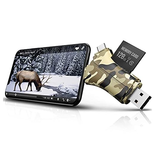 Dankent Trail Camera Viewer SD Card Reader - 4 in 1 SD and Micro SD Memory Card Reader to View Hunting Game Camera Photos or Videos on Smartphone, Camouflage, Multicolor