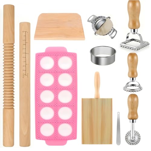SOONHUA Pasta Making Tools Set, 11pcs Pasta Making Tools with 1 Gnocchi Board 1 Dough Scraper 3 Ravioli Maker Cutter 2 Dumpling Maker Tool 1 Noodle Cutter 1 Rolling Pin 1 Pasta Stamp