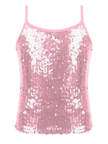 Image of Rswnyirn Kids Girls Sparkly Sequins Dance Crop Tank Top Shirts Stage Performance Dance Wear Camisole Pink A 11-12 Years