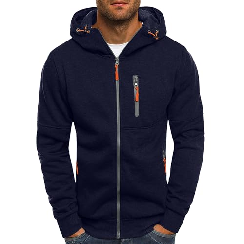 Mens Hoodies Casual Fleece Hooded Sweatshirt Full-Zip Long Sleeve Pullover Hoody Tops Navy XL