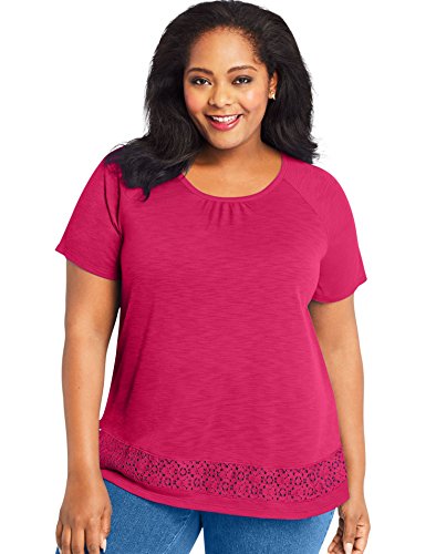 JUST MY SIZE Women's Plus-Size Lace Panel Short Sleeve Top, Elegant Pink, 20