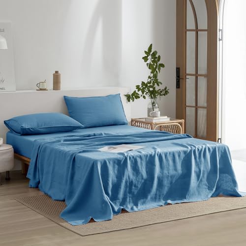 EVERLY Linen Twin Sheets Set, 100% Stonewashed French Linen Bed Sheets Deep Pocket Sheets, 3 Pieces (1 Flat Sheet, 1 Fitted Sheet, 1 Pillowcase) Natural Flax Bedding Set-Blue