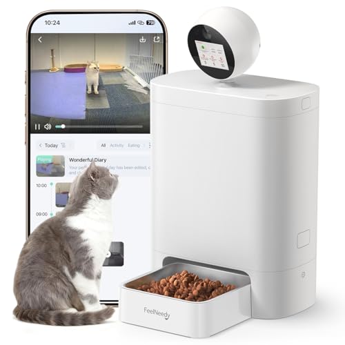 FEELNEEDY 5.5L Distributore Automatico Cibo Gatti con 360°Telecamera 3MP HD, WiFi 2.4G/5G AI Dispenser Crocchette Gatto/Cani con Visione Notturna e Audio Bidirezionale, Schermo IPS & Controllo APP