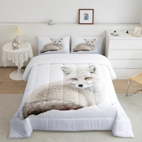 Feelyou Fox Comforter Set Arctic Fox Bedding Set for Kids Boys Girls Cute Animal Comforter Wildlife Quilt Set 1 Comforter Set with 2 Pillowcases Queen Size