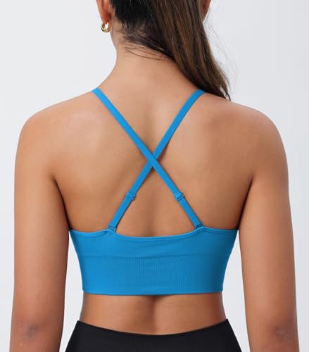 Image of Deep V-Neck Adjustable Women's Sports Bra | Wireless Longline Strappy Criss Cross Padded Spaghetti Straps Light Impact Workout Yoga Crop Top