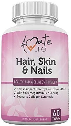 Amate Life Hair Skin and Nails Vitamins Complex- 5000 mcg Biotin Vitamins for Hair Skin and Nails- Hair Vitamins for Faster Hair Growth- Hydrolyzed Collagen Skin Vitamins for Women & Men 60 Tablets