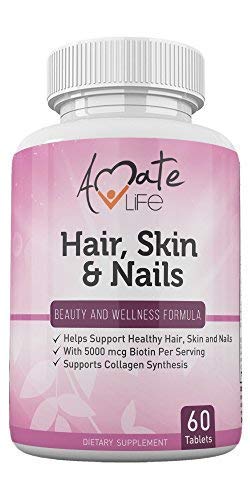 Amate Life Hair Skin and Nails Vitamins Complex- 5000 mcg Biotin Vitamins for Hair Skin and Nails- Hair Vitamins for Faster Hair Growth- Hydrolyzed Collagen Skin Vitamins for Women & Men 60 Tablets
