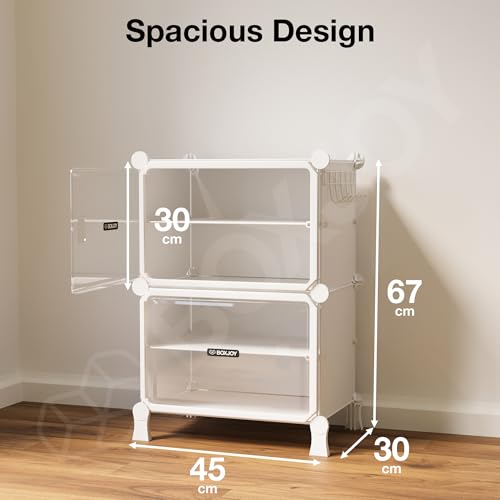 Image of BOXJOY 4 Shelf White Shoe Rack with 2 Transparent Doors, Magnets and 5 Hook Steel Holder for Home Storage Box Organizer, Hard PET Plastic with Metal Door Frame, Shoe Chappal Slipper Sandals Stand