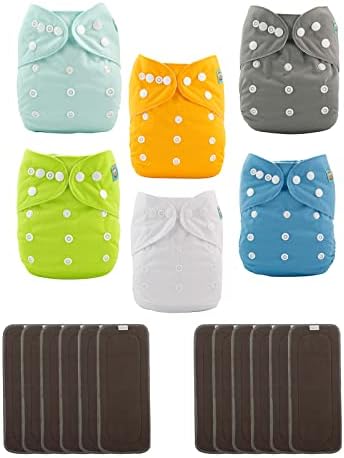ALVABABY Baby Cloth Diapers/Adjustable Washable Reusable/6 Pack with 12 pcs 5-Layer Charcoal Bamboo Inserts 6BM98-ZTN