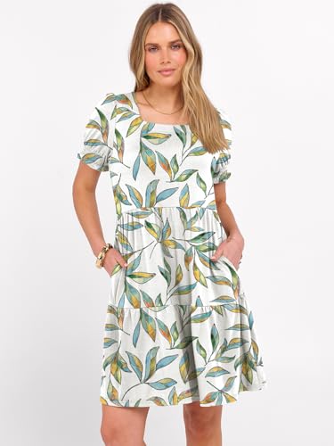 Image of ANRABESS Women Summer Square Neck Puff Short Sleeve Mini Dress 2026 Casual Flowy Sundress Beach Vacation Clothes with Pockets